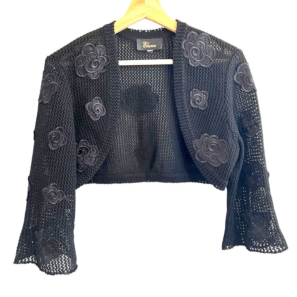 Womens Black CrochetmBolero Shrug Size M Floral Whimsigoth Boho Cottage Evening